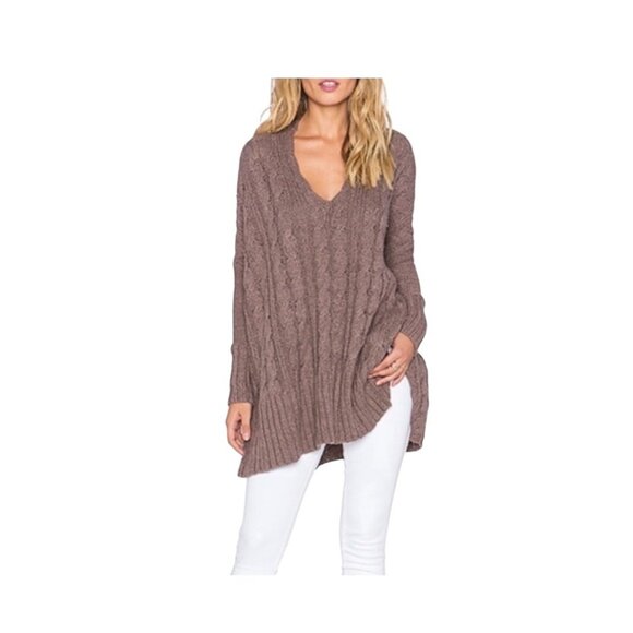 Free People Easy Cable V Neck Sweater Mocha Size L Boho Oversized Winter Neutral - Picture 6 of 14